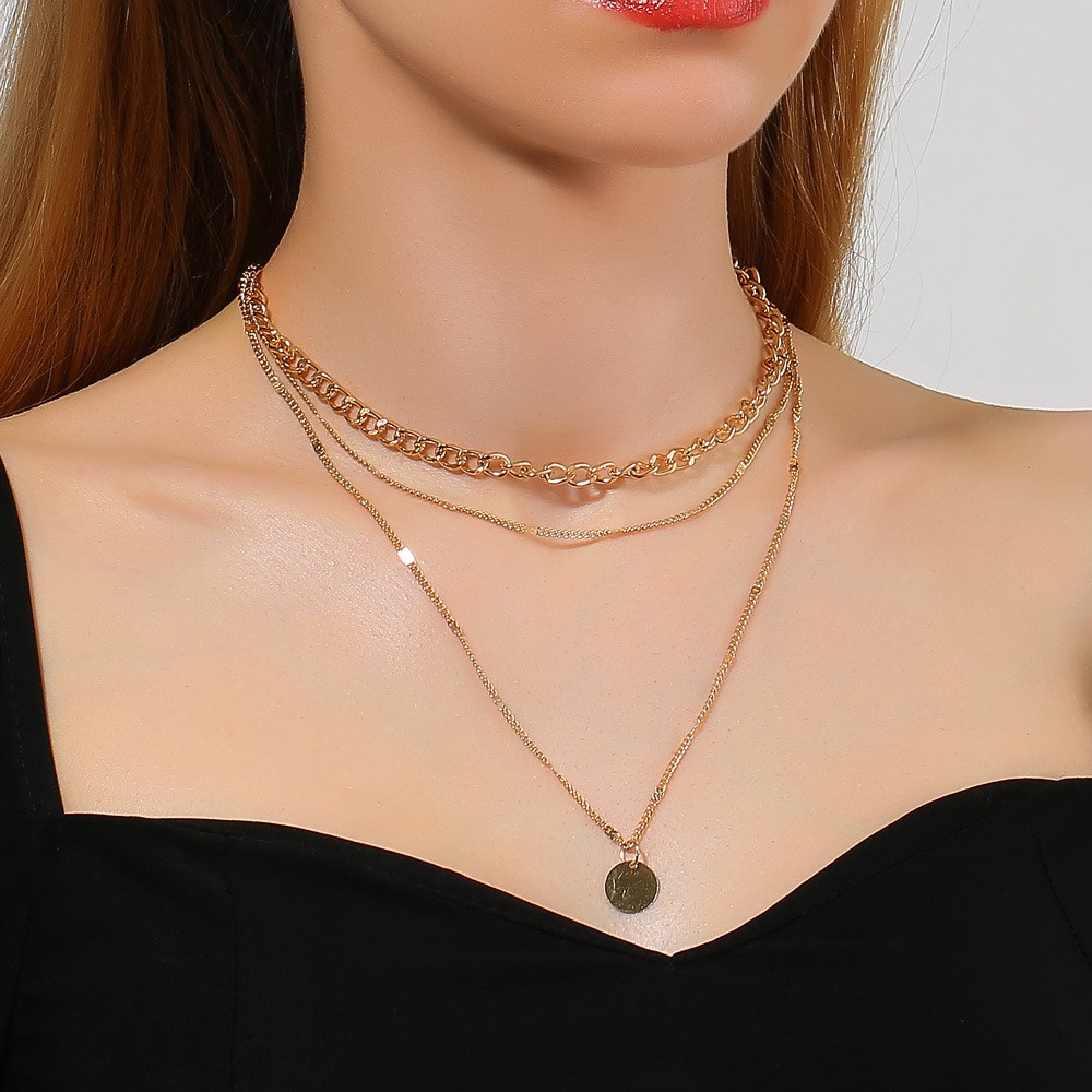 【COD Tangding】Retro Cuban Choker Multi Layer Exquisite Chain Necklace Women Simple Round Metal Pendant