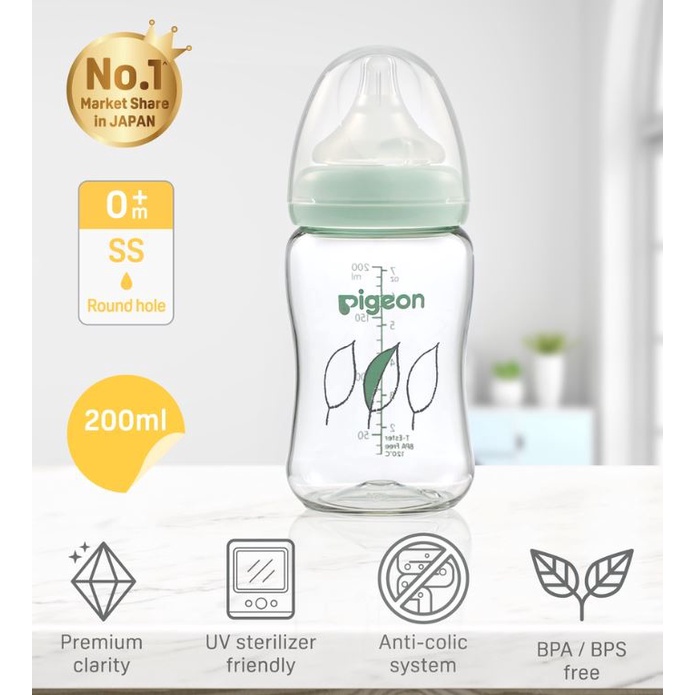 PIGEON BOTOL T-ESTER WIDE NECK 200ML LIGHT GREEN W/ P-PLUS NIPPLE / BOTOL SUSU