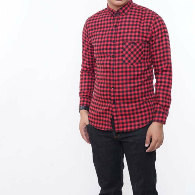 YB KEMEJA FLANEL PRIA MOTIF KOTAK LENGAN PANJANG SLIM FIT COWOK LONG SLEEVE FLANNEL BLACK RED CHECK