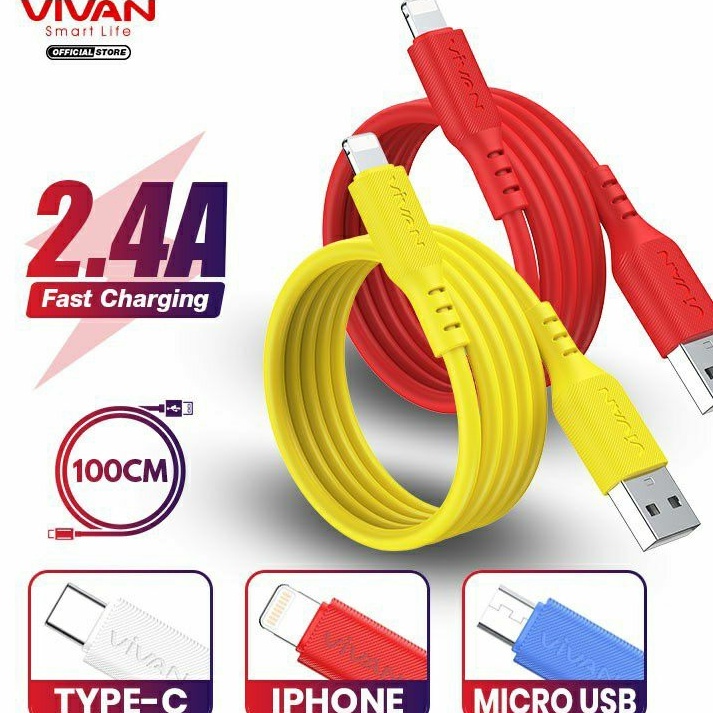 VIVAN Kabel Data iPhone 2.4A Silicon Full SR Coverage Quick Charge VSL100 VSM100 VSC100 Type C Micro