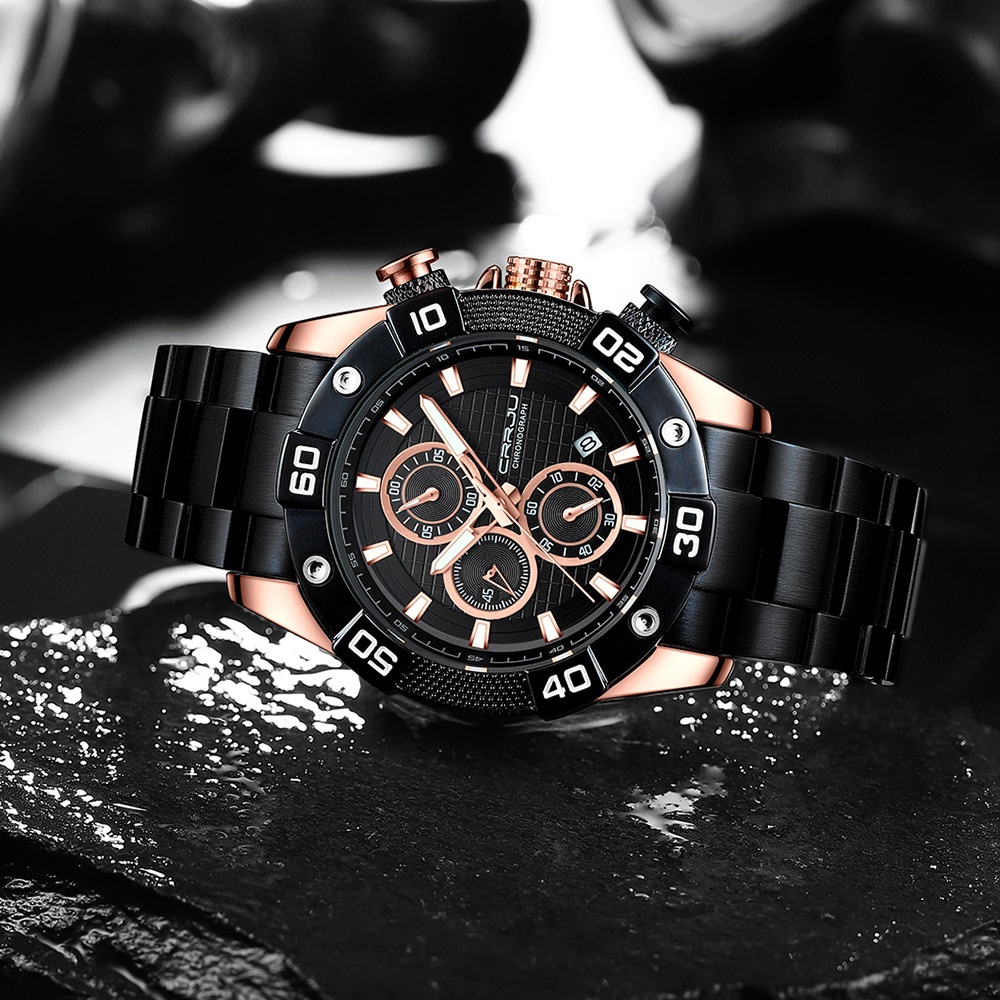 CRRJU Asli Multifungsi Tahan Air Jam Tangan Analog Jam Tangan Pria Stainless Steel Olahraga Bercahaya Jam Tangan Otentik Menonton Chronograph Dapat Berenang Jam