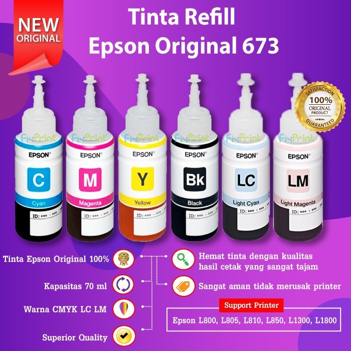 Tinta Original Epson 673 T673 Refill Printer L800 L805 L810 L850 L1300 L1800 Ori Black Color