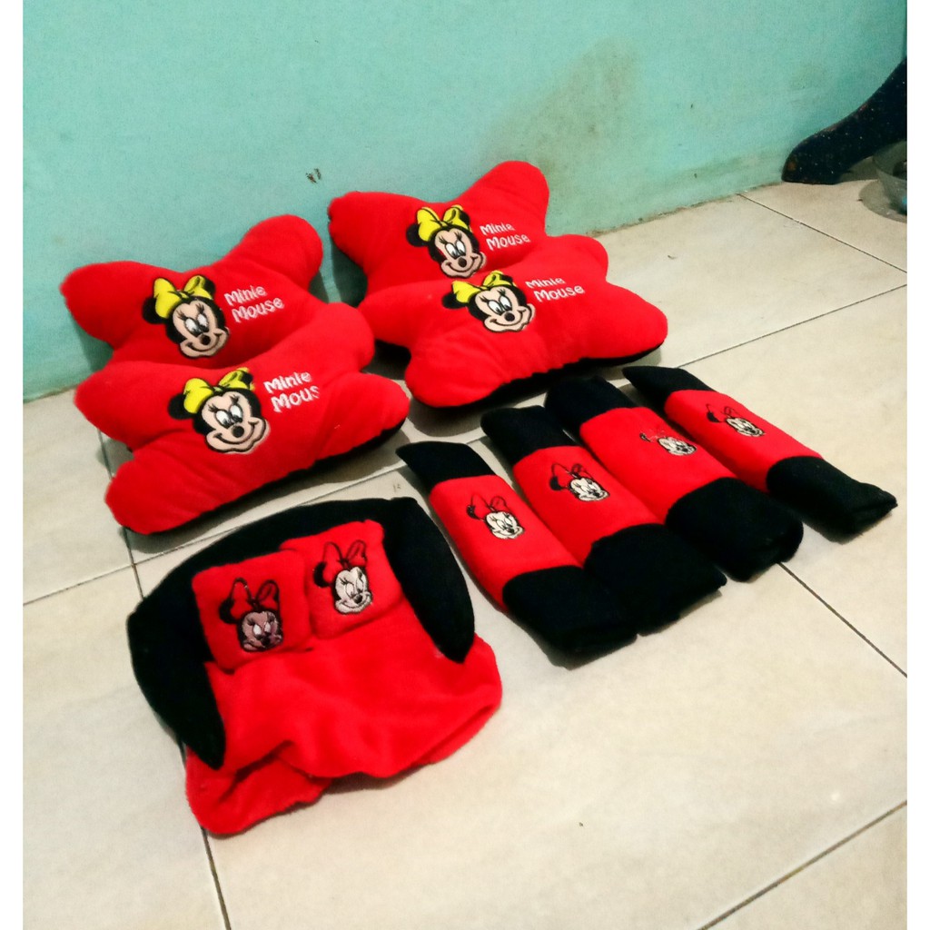 Bantal Mobil MINNIE MOUSE Merah Bantal Isi 4 Sandaran Leher Kepala Minnie Mouse Red