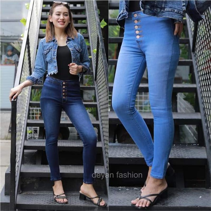 Celana cewek Jeans highwaist kancing button//celana jeans streat melar