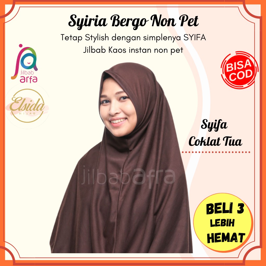 JILBAB AFRA SYIFA COKLAT TUA Bergo Tanpa Pet- bergo kaos syiria syar'i (Kerudung Instan)