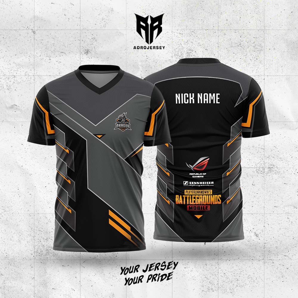 Jersey Kaos Baju Gaming Custom Squad ML, AOV, PUBG Free Nickname, logo, dan sponsor