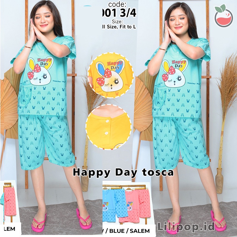 Lilipop.id  Baju Tidur Wanita 3/4 ALL SIZE STANDAR Happy Day Setelan Piyama BabyDoll Kaos Celana Pendek