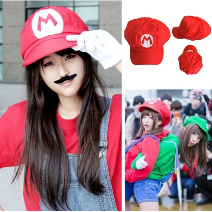 Topi Mario Bros Super Luigi Nintendo Game Cosplay Anime Cap Hat Merah Hijau Red Green Putih White