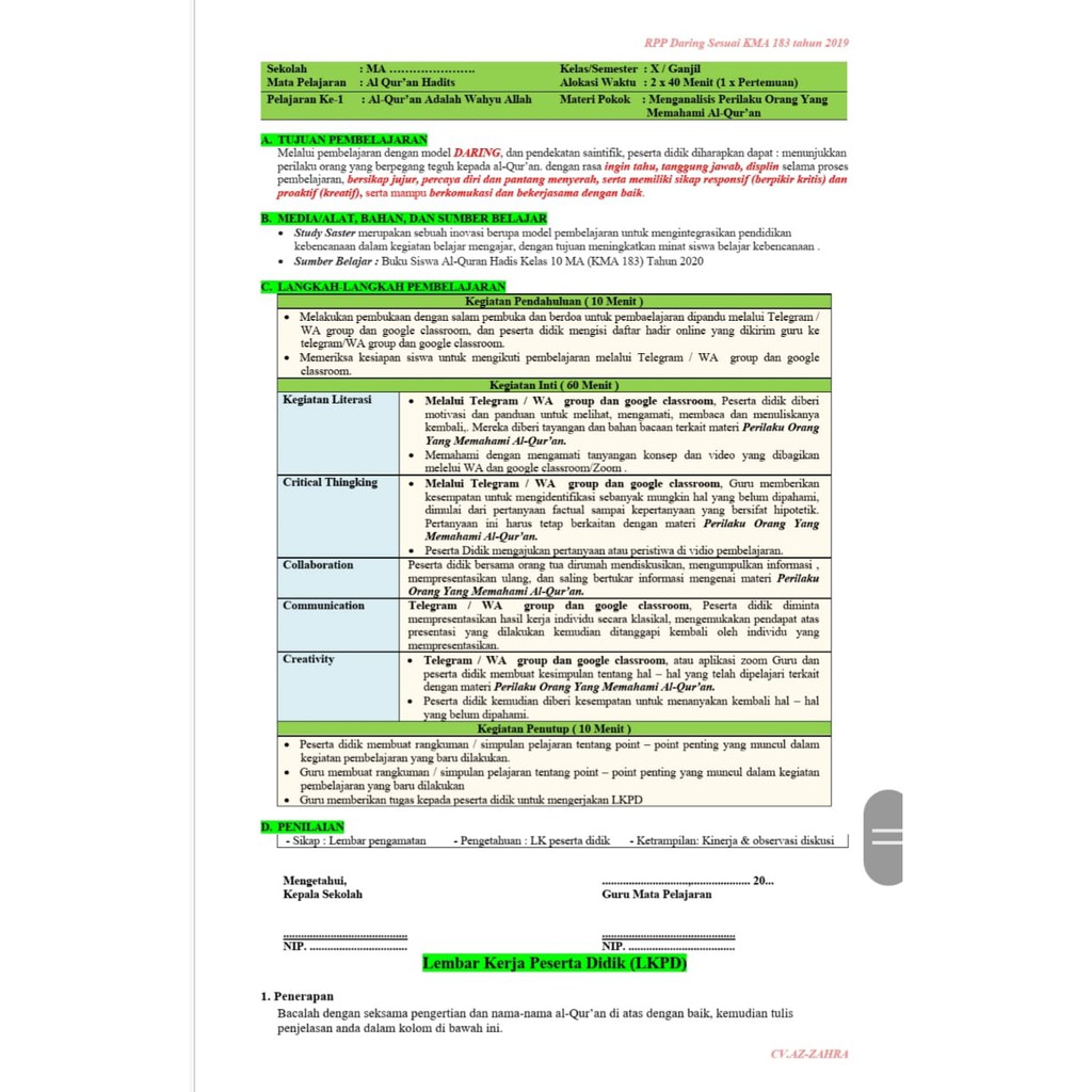 RPP 1 Lembar (RPP Daring,Luring Dan Tikom Sabar) MA Bahasa Arab Kelas 10 Semester1-2, Sesuai Kma 183 Tahun 2019