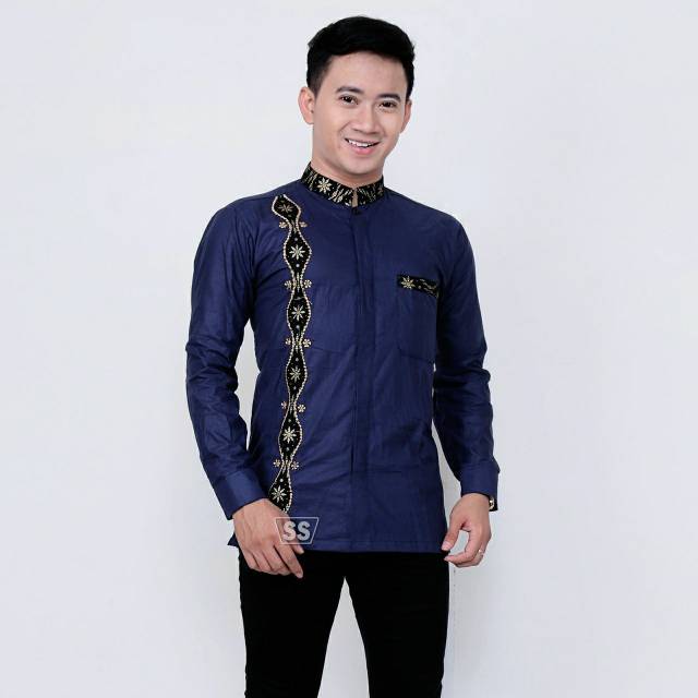 BAJU KOKO KOMBINASI BATIK RANTEE PANJANG NAVY