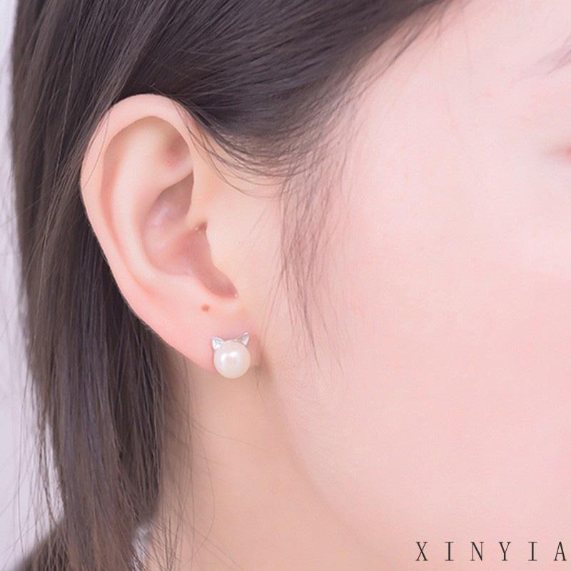 【Bayar di tempat】Anting Stud Desain Telinga Kucing Aksen Mutiara Imitasi Bahan 925 Silver Untuk Wanita