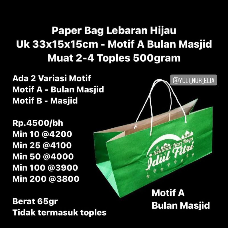 

Paper Bag Lebaran Hijau Uk 33x15x15cm Muat 2 - 4 Toples 500gram