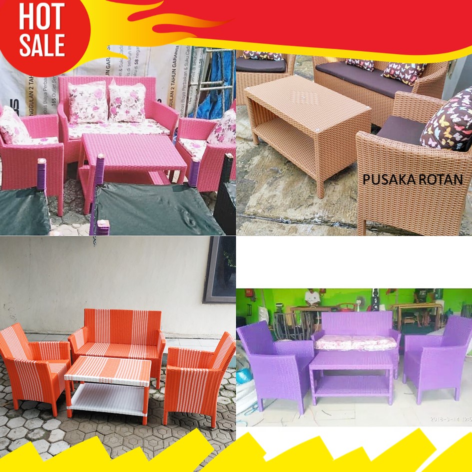 Kursi Tamu Set Hawai Sofa Rotan Sintetis Minimalis Bahan Kayu