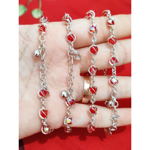 GELANG TANGAN KRISTAL MERAH PERAK 925 LAPIS EMAS PUTIH