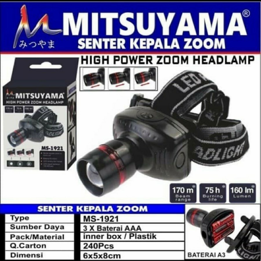 Senter Kepala Headlamp Mitsuyama Zoom MS-1921 Cahaya Terang Batrai Awet dan Berkualitas