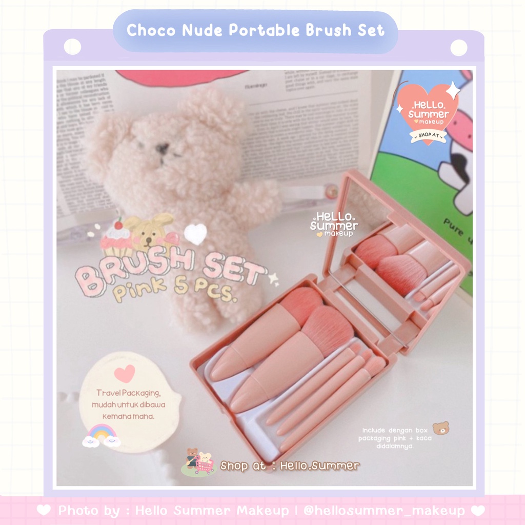 𝐌𝐀𝐊𝐄𝐔𝐏 𝐁𝐑𝐔𝐒𝐇 𝐒𝐄𝐓 - Choco Nude Portable Brush Set 5pcs dengan Box Pink Dengan Kaca High Quality Brush