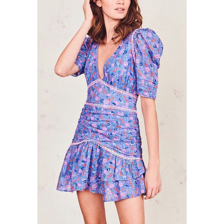Dress casual import Blue Floral Printed korea style biru bunga printing
