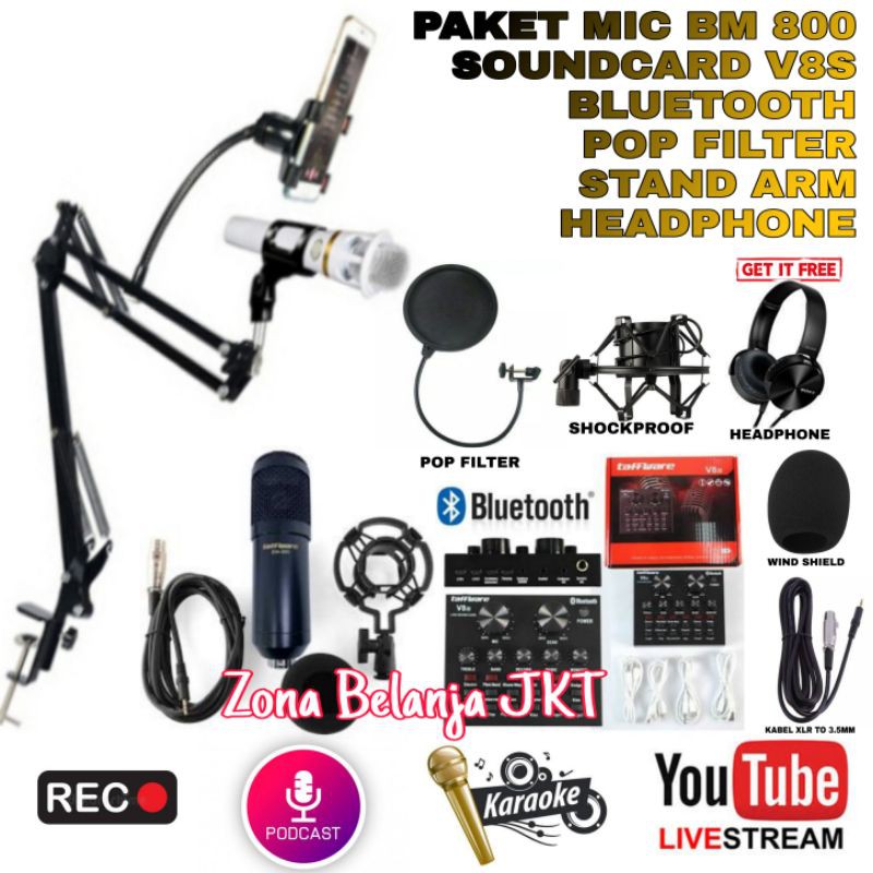 PAKET MIC BM800 BM 800 CONDENSER RECORDING SOUNDCARD V8S STAND HEADPHONE