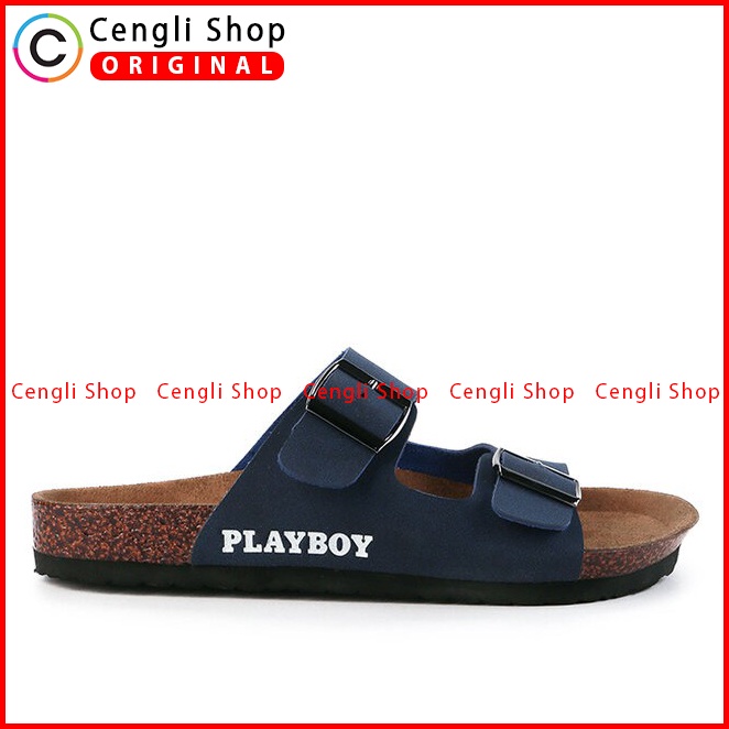 SANDAL SLIDE PLAYBOY PRIA ORIGINAL CASUAL BRANDED ASLI BIRU NAVY PL34