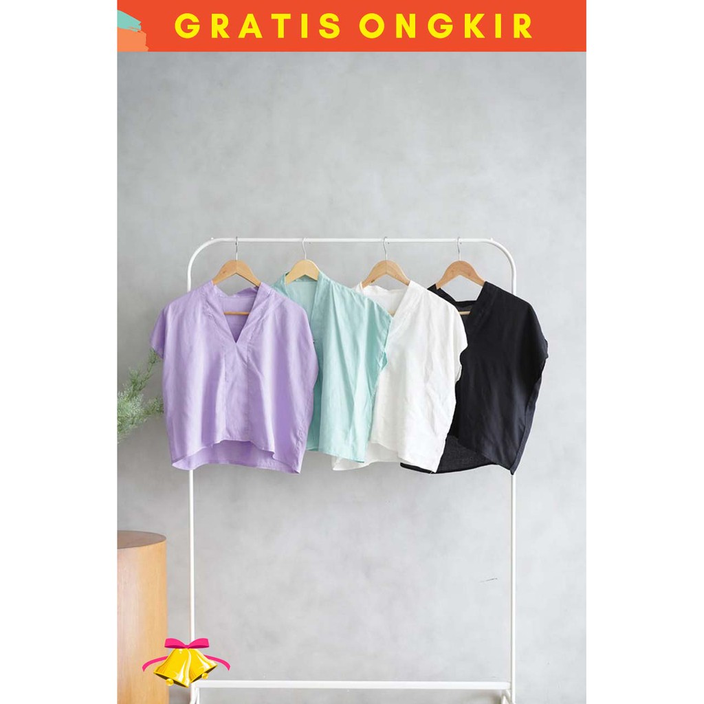 COTTONBELLS BLOUSE CASUAL WANITA WHITNEY PLAID V - NECK RAYON TIED TOP (LQ - B 11826)-4