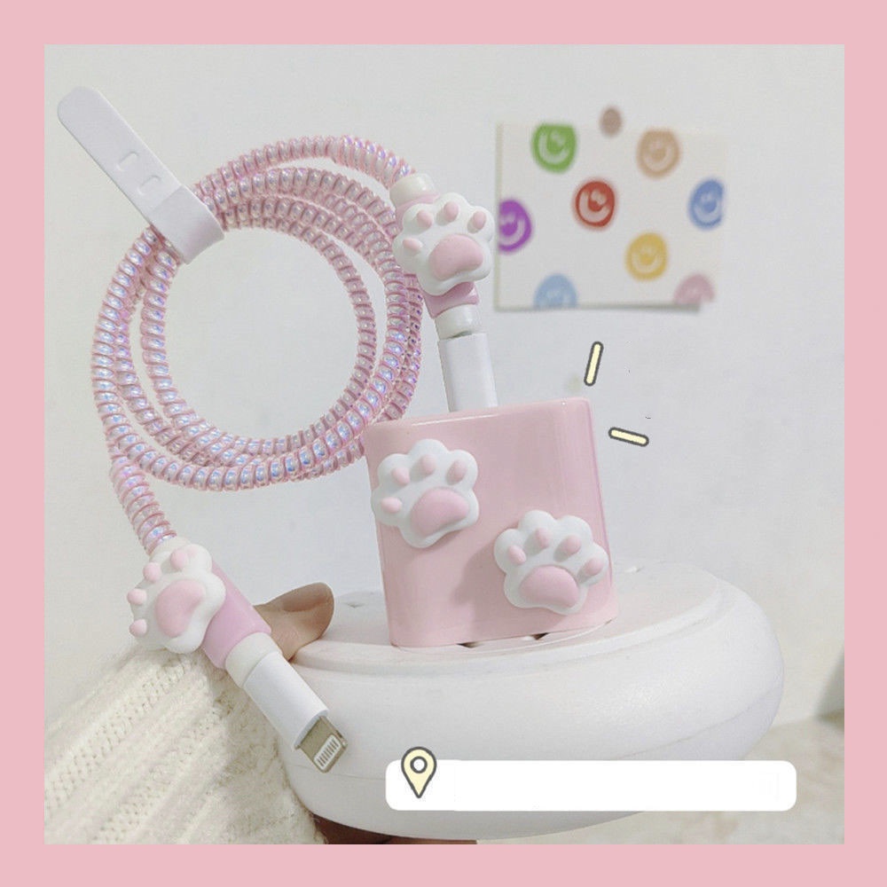 1 Set Pelindung Kabel Data Power Charger 18W 20W Bentuk Telapak Kaki Kucing Pink Untuk IPhone