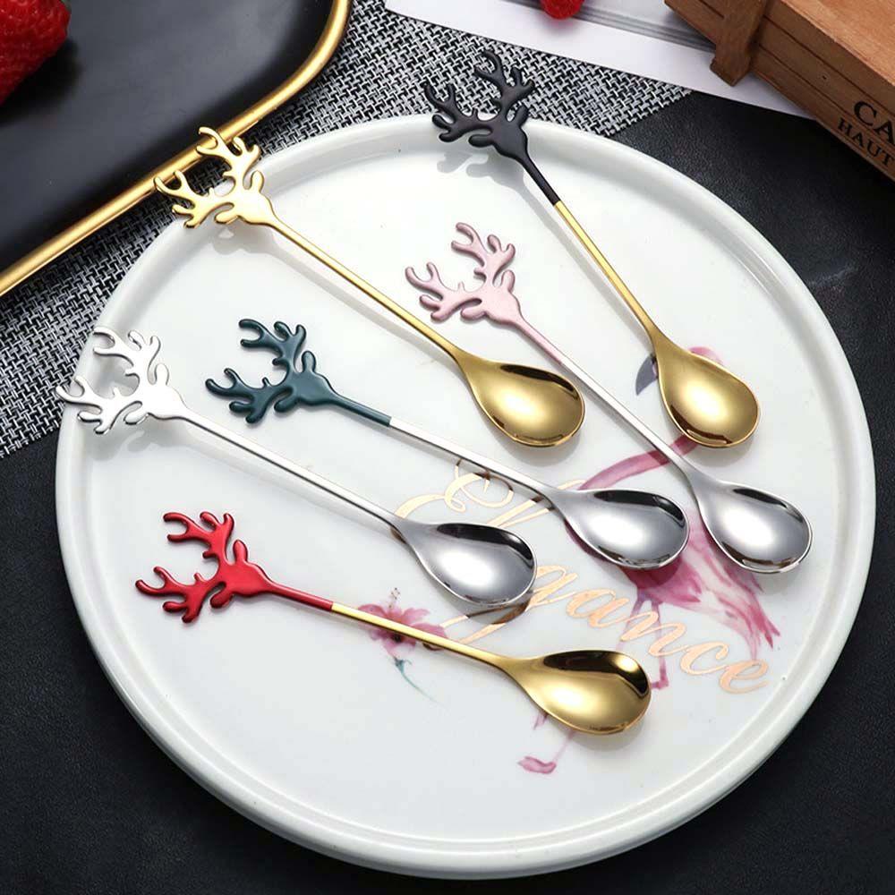 Nickolas1 Sendok Kopi Stainless Steel Kualitas Tinggi Natal Elk Deer Head Dessert Stirring Spoon