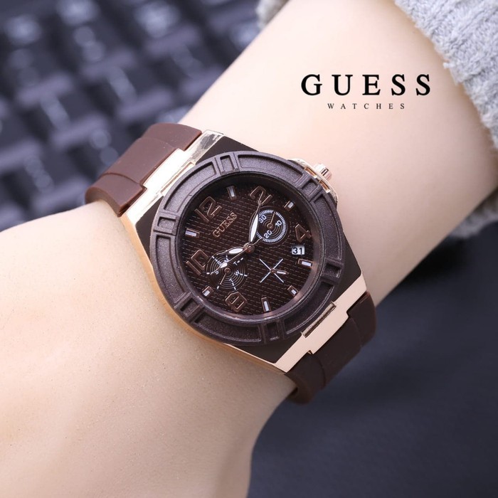 Diskon Grosir Jam Tangan Wanita Cewek Guess Ladies Rubber Brown - Coklat Silver Termurah