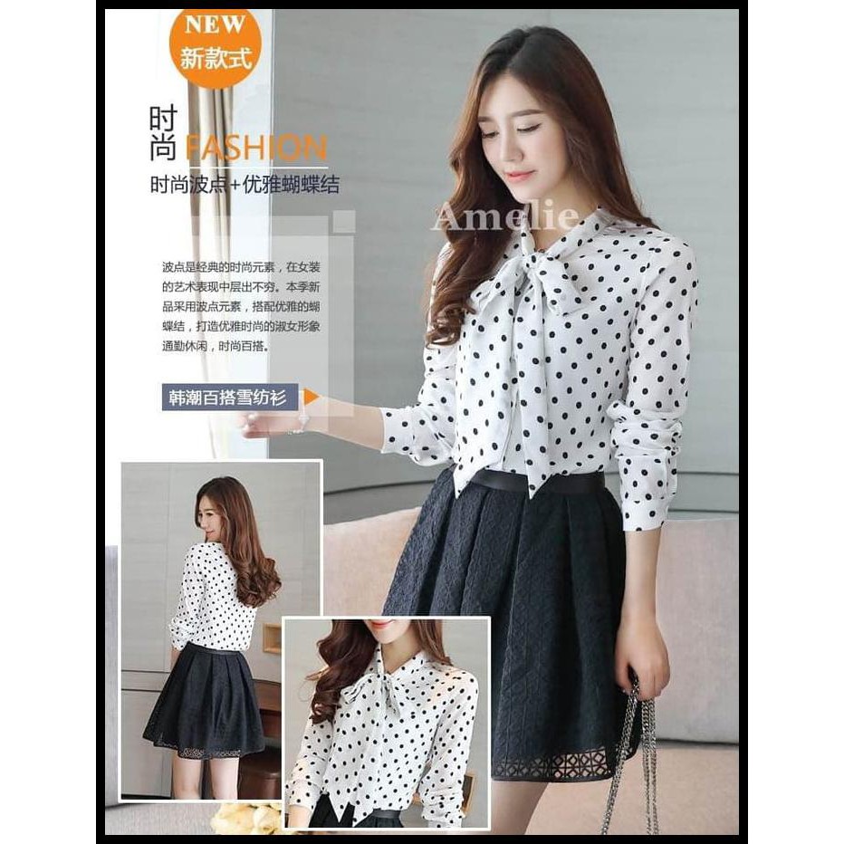 BAJU ATASAN KEMEJA POLKADOT PUTIH BLOUSE WANITA KOREA IMPORT AB433004