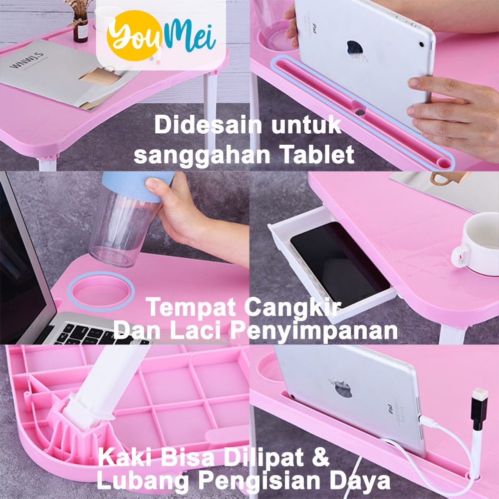 Meja Laptop Lipat Belajar Kerja + Tatakan Gelas Kopi Teh - Anak  Orang Dewasa Plastik Portable Lesehan Minimalis - 1223