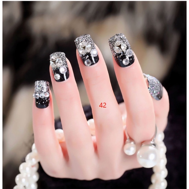 24PCS BLACK WEDDING FAKE NAILS KUKU PALSU PERNIKAHAN HITAM PUTIH TILE KUKU PALSU RHINESTONE