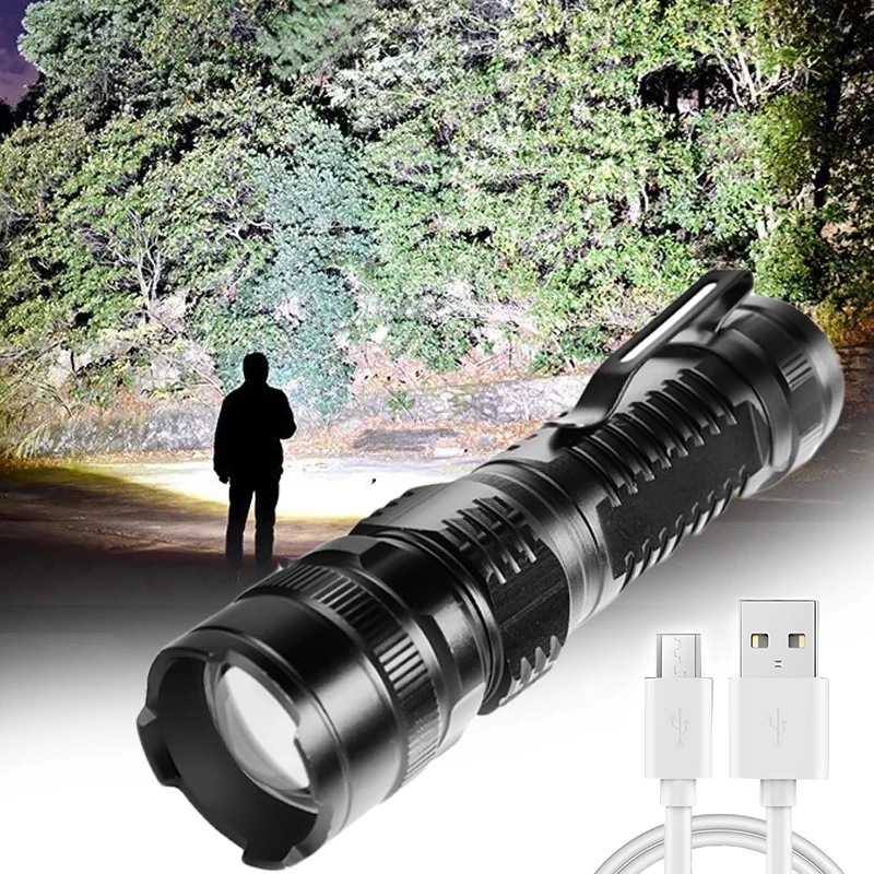 Senter Led 3 / 8W Anti Air Dengan Fungsi Zoom + Klip Pulpen Untuk Camping / Hiking / Lari / Memancing