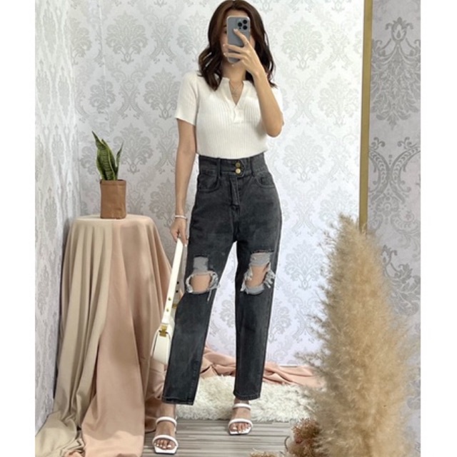 ALEXA RIPPED JEANS - HIGHWAIST BF JEANS SOBEK WANITA