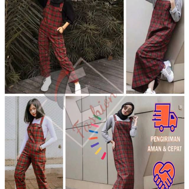 Egafashion jumpsuit overall kotak kotak buna sherly