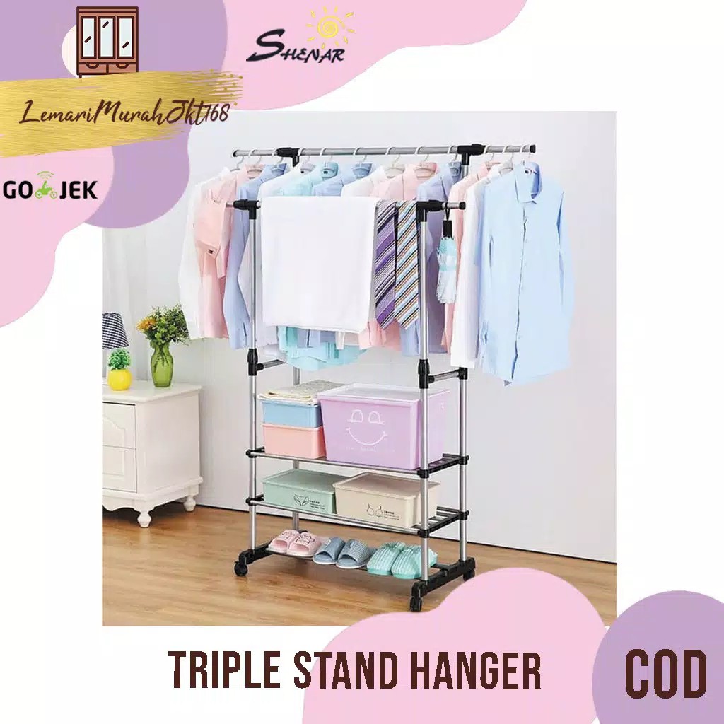 rak gantungan baju stand hanger 3 susun 2 sisi dilengkapi roda