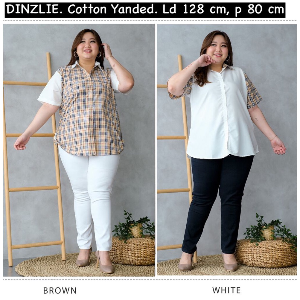 TOKODINZLIE KEMEJA WANITA LENGAN PENDEK NAHAN KATUN POLOS PUTIH KOMBINASI BAHAN KOTAK KOTAK