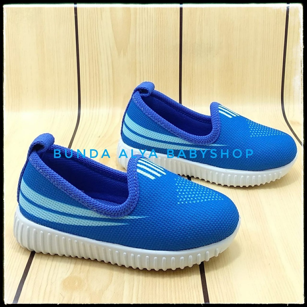 Sepatu Anak Laki Usia 1 2 3 4 5 6 Tahun Size 22 - 35 Garis BIRU - Sepatu Anak Cowok Cewek Alas Karet Anti Licin