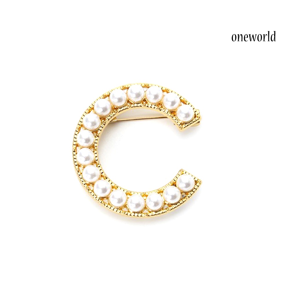 OW@ Elegant Women Faux Pearl Beaded Uppercase Letter Brooch Pin Suit Lapel Badge