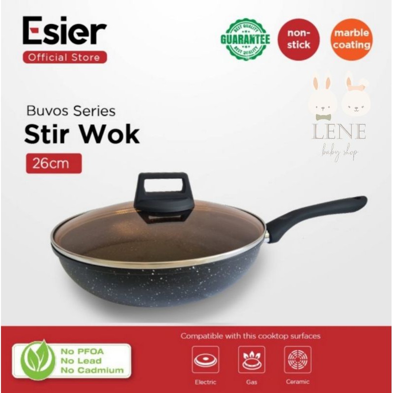 Esier Buvos Stir Wok Pan 26cm Wajan Panci Marble Coating Wok