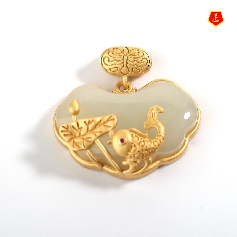 [Ready Stock]Women's Hetian White Jade Lotus Leaf Fish Lock of Good Wishes Pendant Necklace