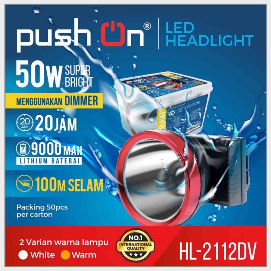Push On Senter Kepala Selam LED Super Terang Lithium HL 2110DV LAMPU KUNING 50 Watt With Dimmer Switch Super LED Rechargeable FREE Cable Bundle 50 JAM