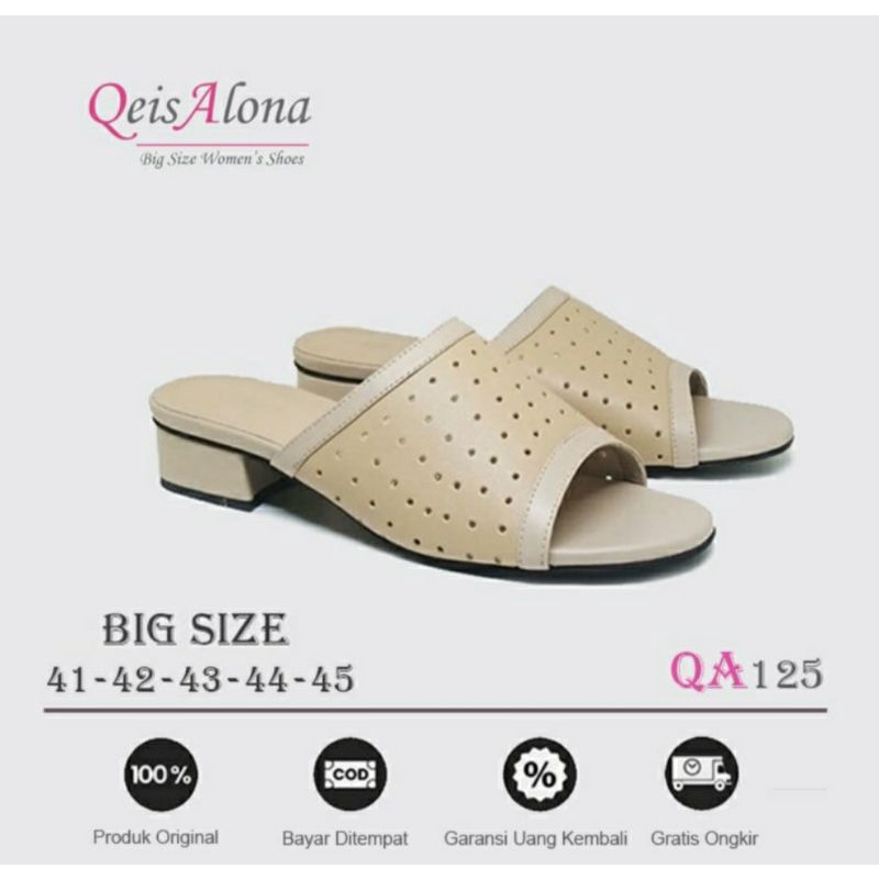 Sandal Wanita Kulit Big Size 41-42-43-44-45 Slop Ibu2 Pengajian Kasual Sendal Heels 3cm Empuk JUMBO Brown, 44