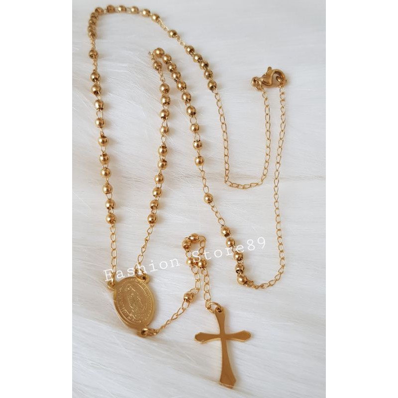 Kalung Rosario Bunda Maria Titanium gold butiran 3mm 50cm Antikarat kalung rosario bunda maria
