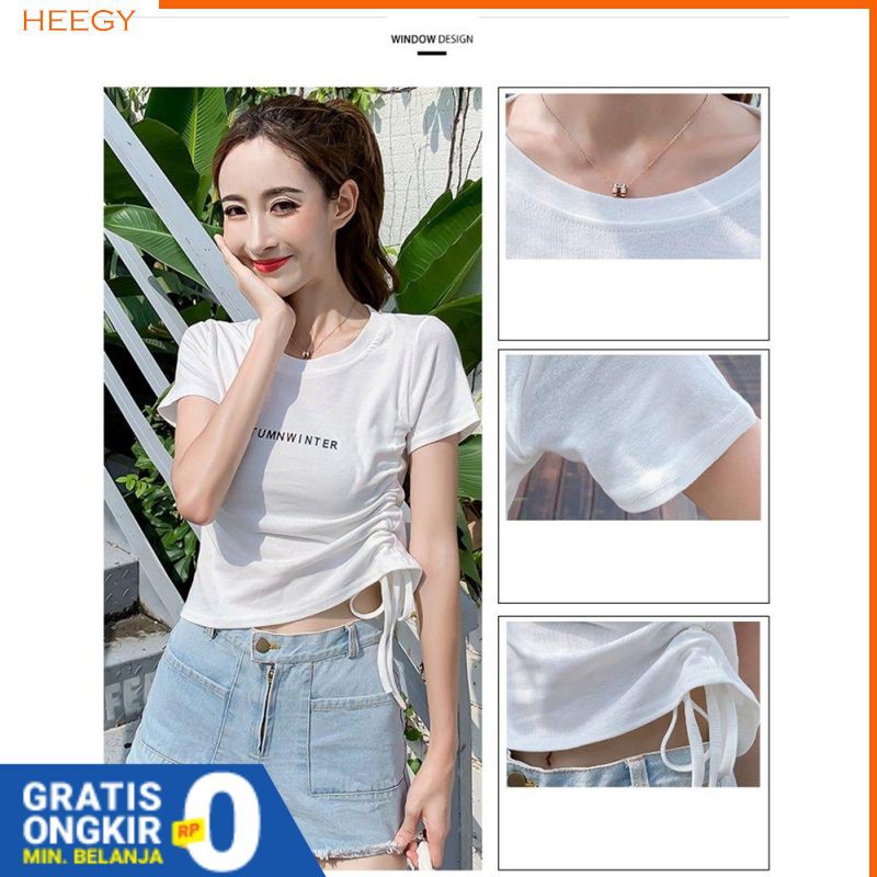 Kaos T-Shirt Lengan Pendek Tali Serut & Motif Print Tulisan Import Gaya Korea