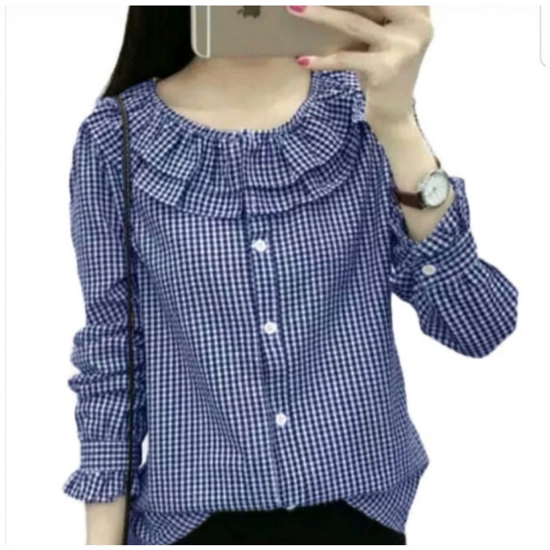 A329 Blouse Wanita, Baju Lengan Panjang Ruffle, Ruffle Top, Blouse Kotak-kotak Murah