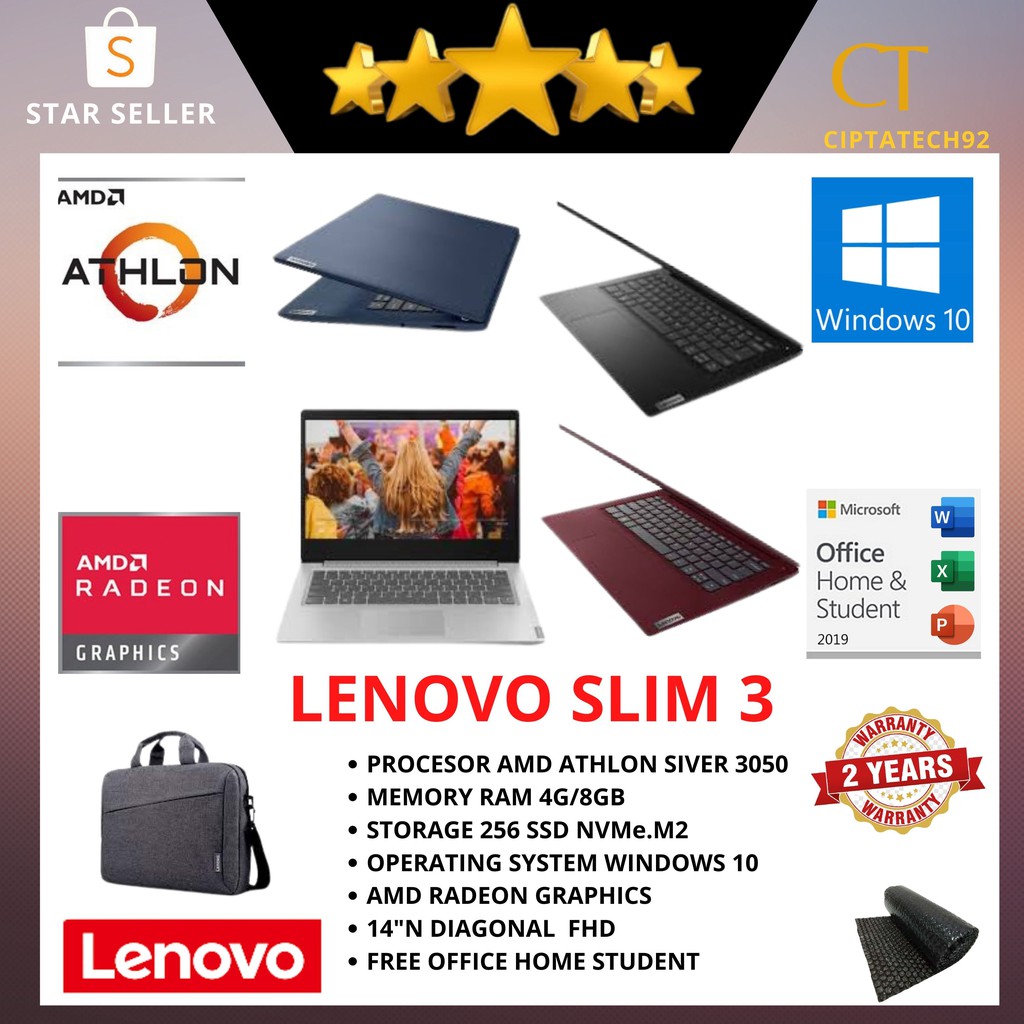 LENOVO SLIM 3 AMD ATHLON 3050 8 GB SSD 256GB-14" FHD WINDOWS 11 FREEOHS 2021