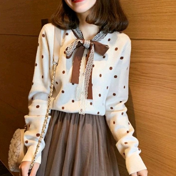 1077 Baju atasan blouse lengan panjang rajut knit top polkadot hitam creme Korean style wanita impor