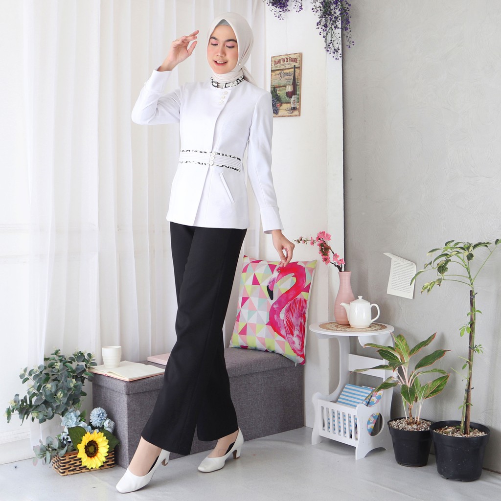 BLAZER WANITA B&amp;V LYNELLE / Seragam PNS / Baju PDH PNS Wanita / Baju Dinas Pemda Wanita / Baju Khaki PNS Wanita / Seragam ASN Wanita / Baju Guru Wanita - 7007 PUTIH HITAM