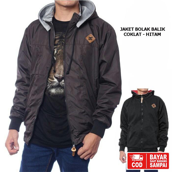 JAKET DC BOLAK BALIK / JAKET MOTOR / JAKET PARASUT HITAM-ABU-COKLAT-HITAM