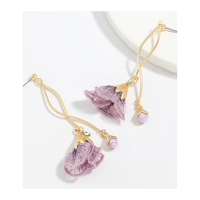 LRC Anting Tusuk Fashion Purple Alloy Lace Flower Pearl Earrings K96531