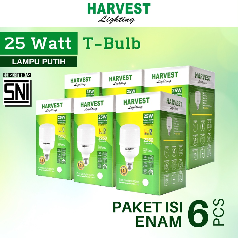 25W - Paket Isi 6 - HARVEST LIGHTING Lampu Kapsul LED T-Bulb 25 watt Lampu Hemat Energi Original Bersertifikat SNI dan Bergaransi